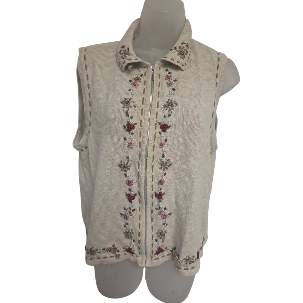Vintage Hampshire Studio Embroidered Floral Zip Front Sweater‎ Vest Ramie Cotton